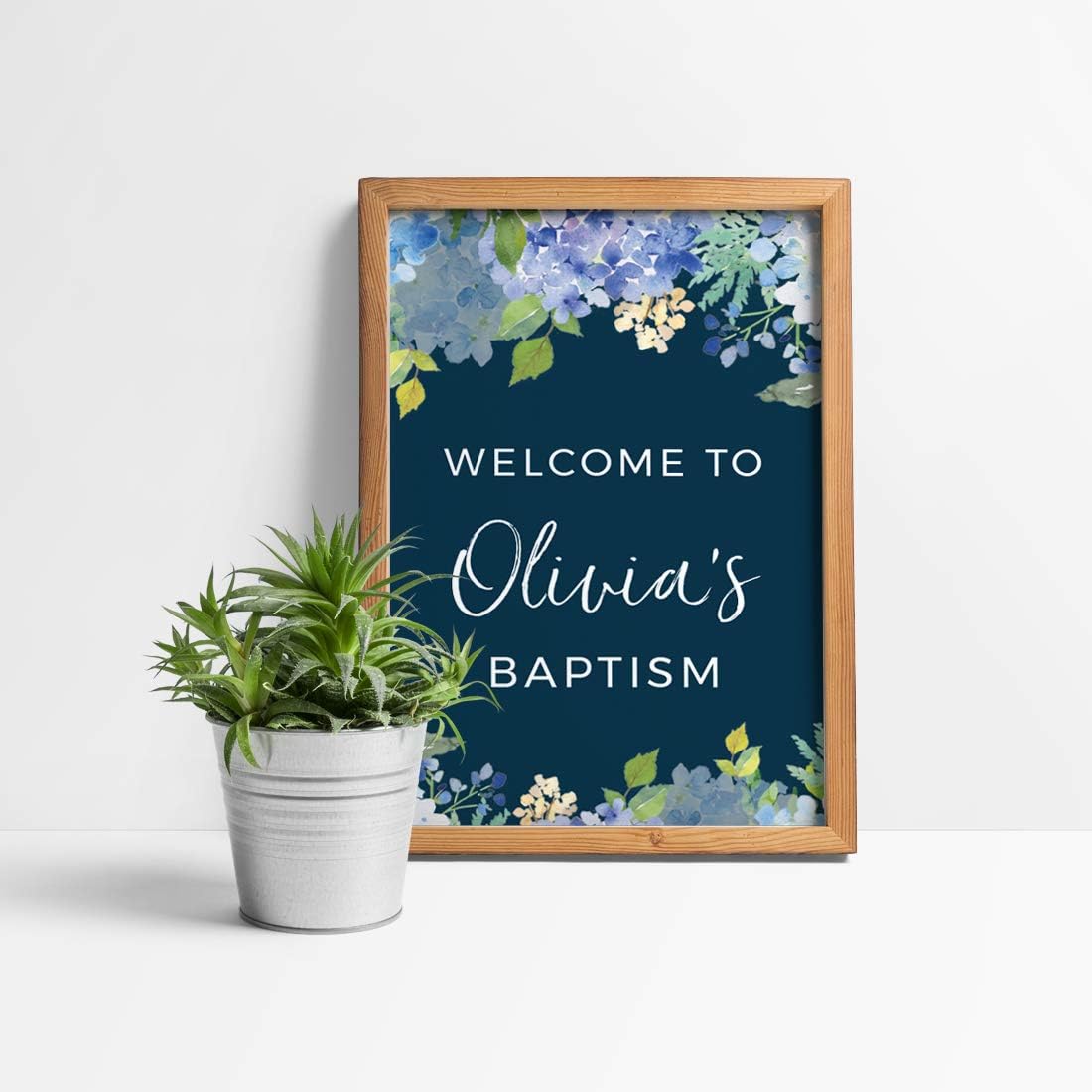 Andaz Press Personalized Extra Large Wedding Easel Board Party Sign, 12x18-inch, Baby Blue Hydrangea Floral Flowers on Navy Blue, Your Text Here, 1-Pack, Custom