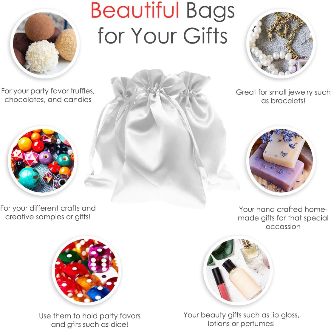 6" x 9" White Satin Gift Bags, Jewelry Bags, Wedding Favor Drawstring Bags Baby Shower Christmas Gift Bags 50 per Pack