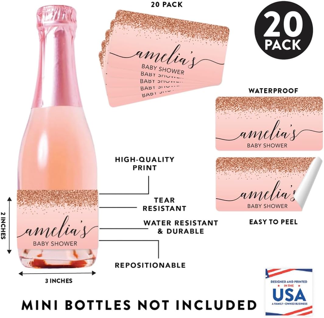 Andaz Press Personalized Mini Champagne Wine Bottle Labels, Amelia's Baby Shower, Blush Pink Faux Rose Gold Glitter Elegant, 20-Pack, Custom Party Favor Gift Label Stickers Baby Shower