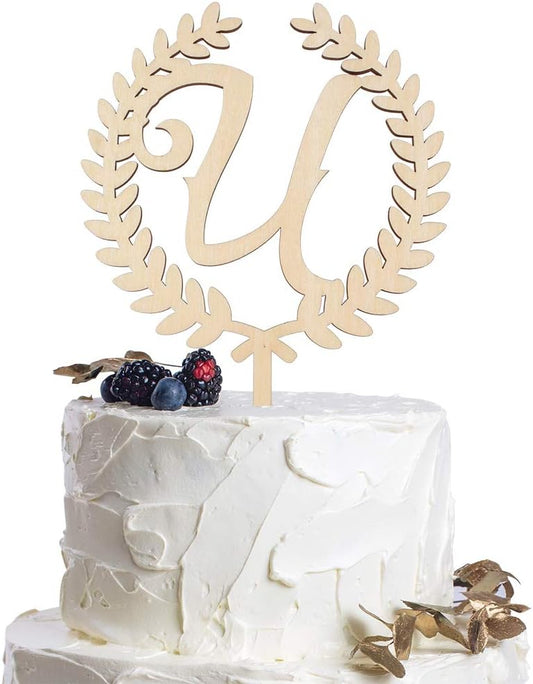 LINGTEER Personalized Inital Letter U Wooden Cake Topper Perfect for Birthday Rustic Wedding Anniversary Keepsake Party Decoration.