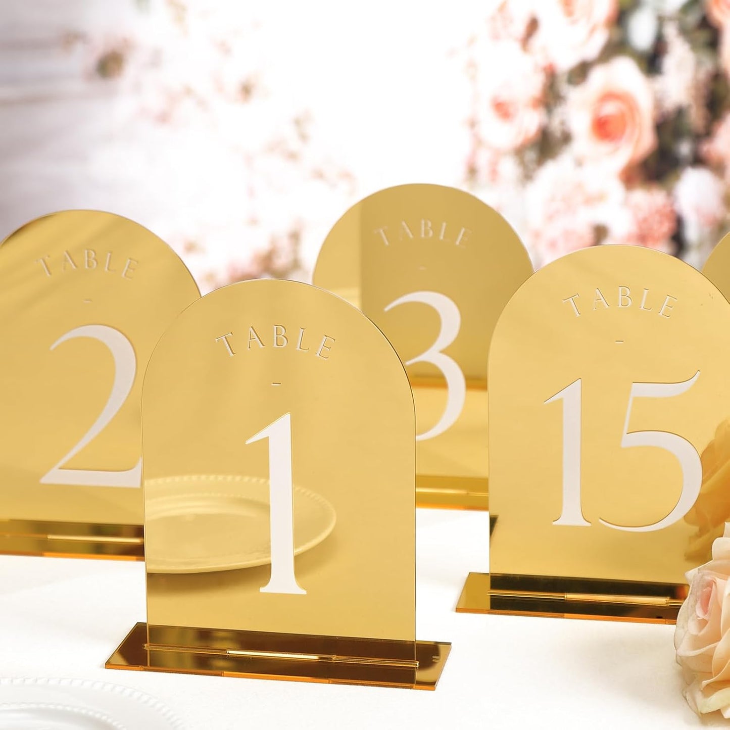 UNIQOOO Gold Mirror Arch Wedding Table Numbers with Stands 1-15, 5x7 Acrylic Display Signs and Holders, Pack of 15, Perfect for Centerpiece, Reception, Decoration, Party, Anniversary, Event