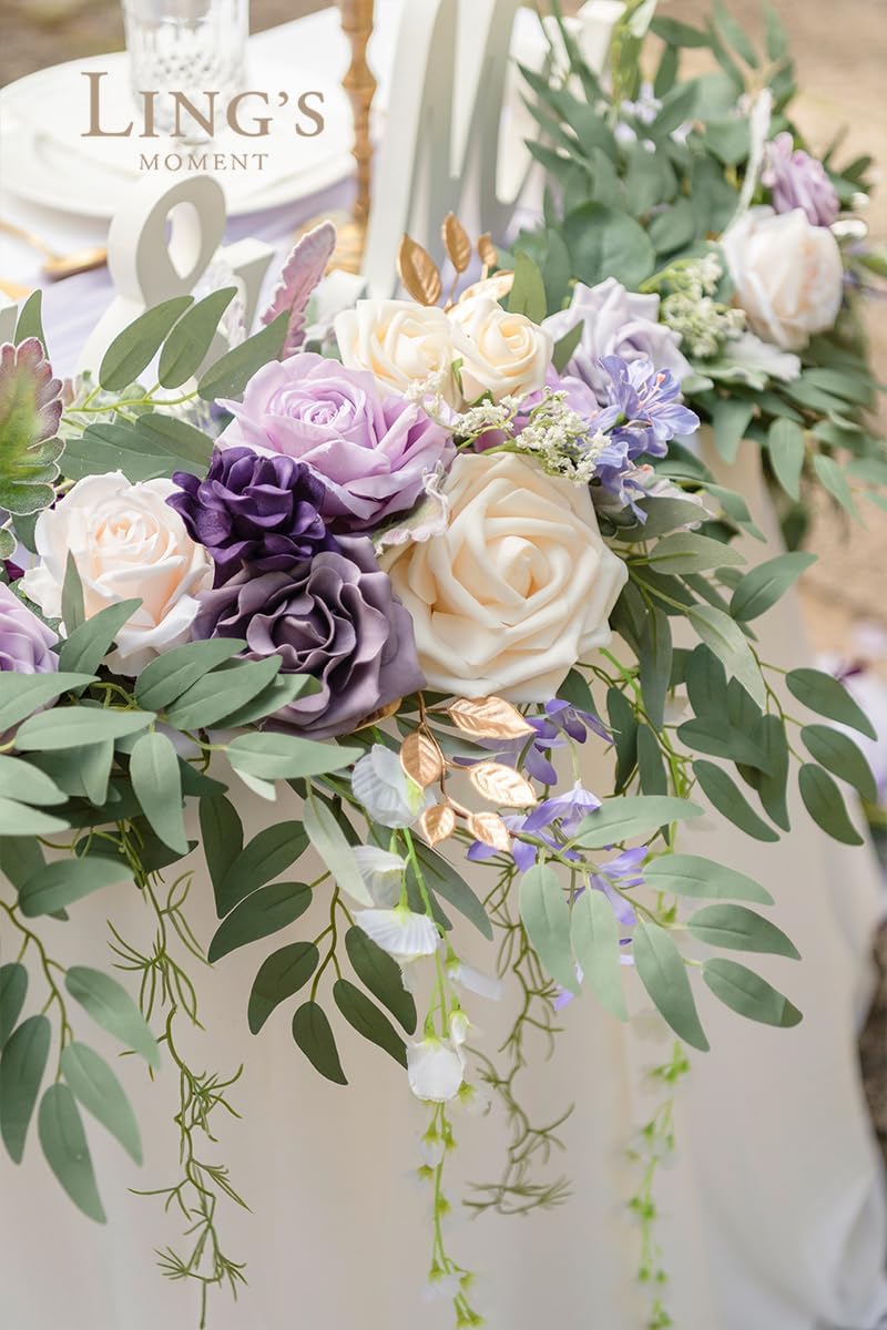 Ling's Moment 9FT Flower Garland for Backdrop Decorations - Wedding Arch Flowers, Eucalyptus & Rose, Artificial Floral Garland for Mantel - Sweetheart Table Decor for Ceremony Reception, Lilac & Gold