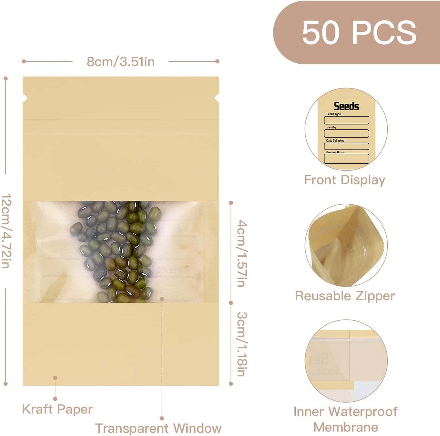 Seed Organizer Binder with 50 PCS Resealable Seed Envelopes - 50 Storage Pockets, 3.5x5 Inch Clear Sleeves, Seed Saver for Garden Lover - Pink