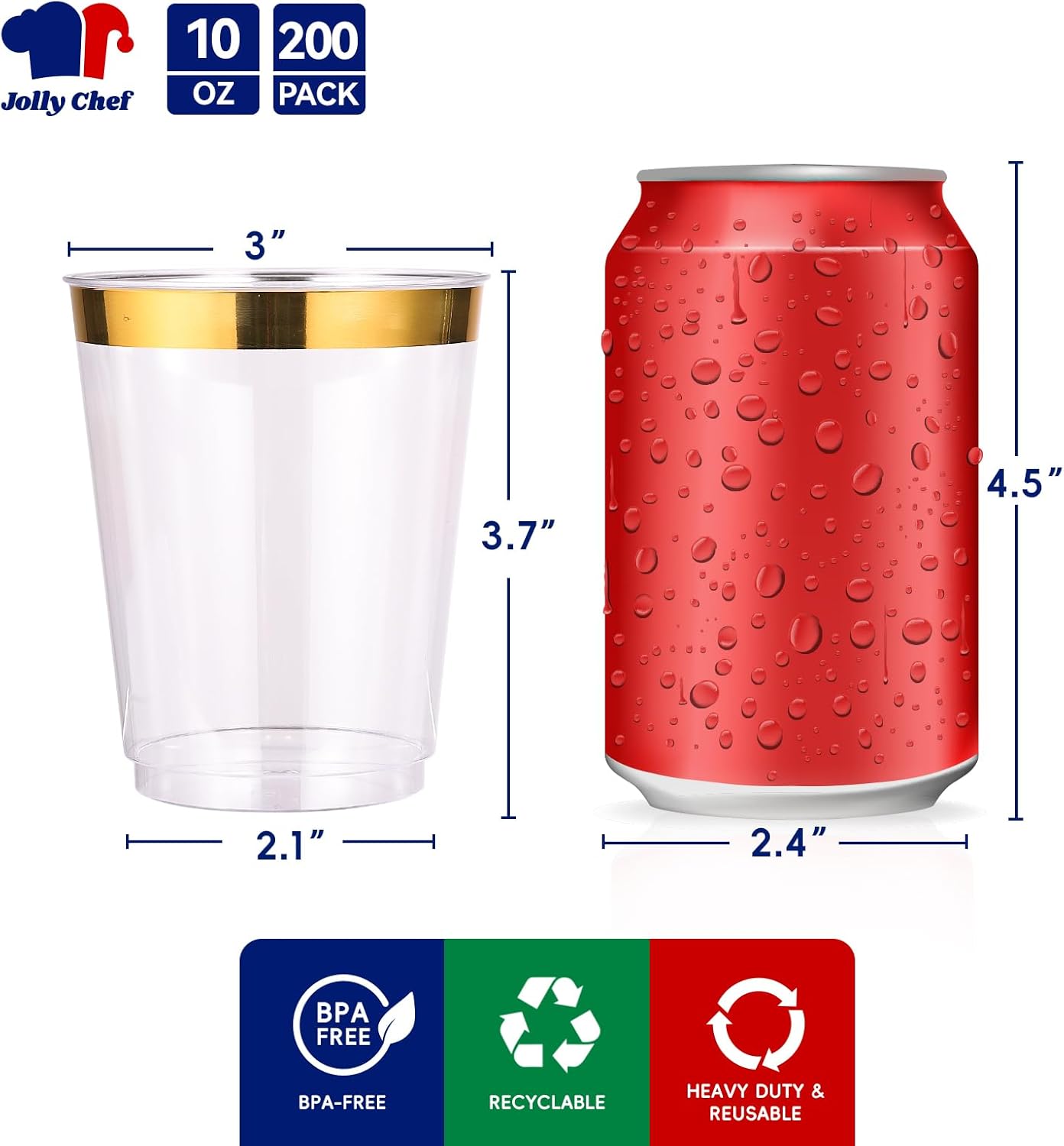JOLLY CHEF 200 Pack 10 oz Gold Plastic Cups Elegant Gold Rimmed Disposable Cups Heavy-Duty Party Cups for Wedding & Party