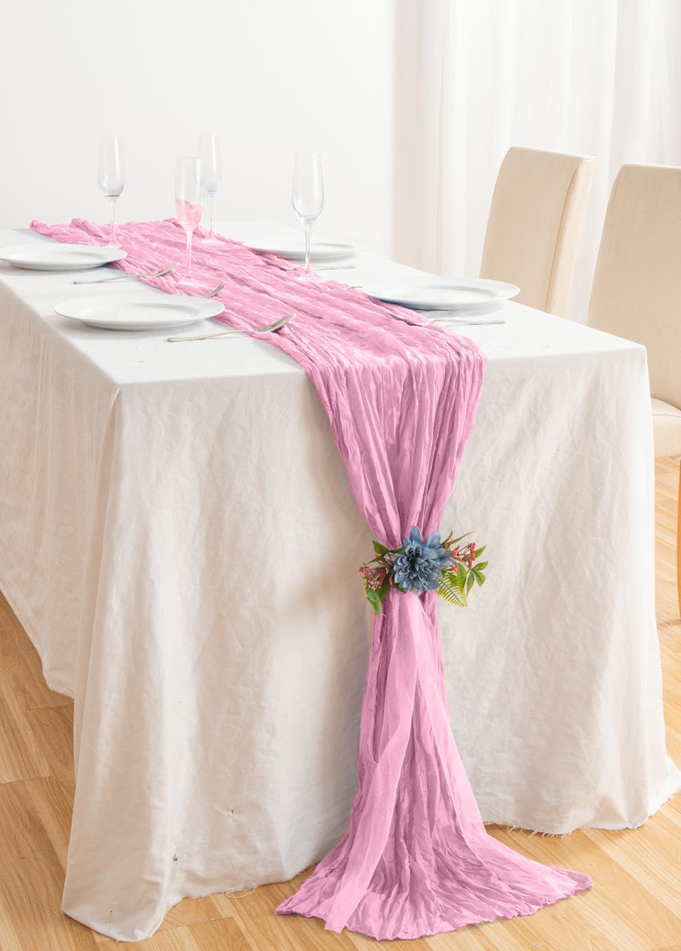12 Pack Pink 10 Ft Cheesecloth Table Runner 20x120 Inch Boho Wrinkled Sheer Romantic Gauze Decor for Wedding, Bridal Shower, Birthday Party