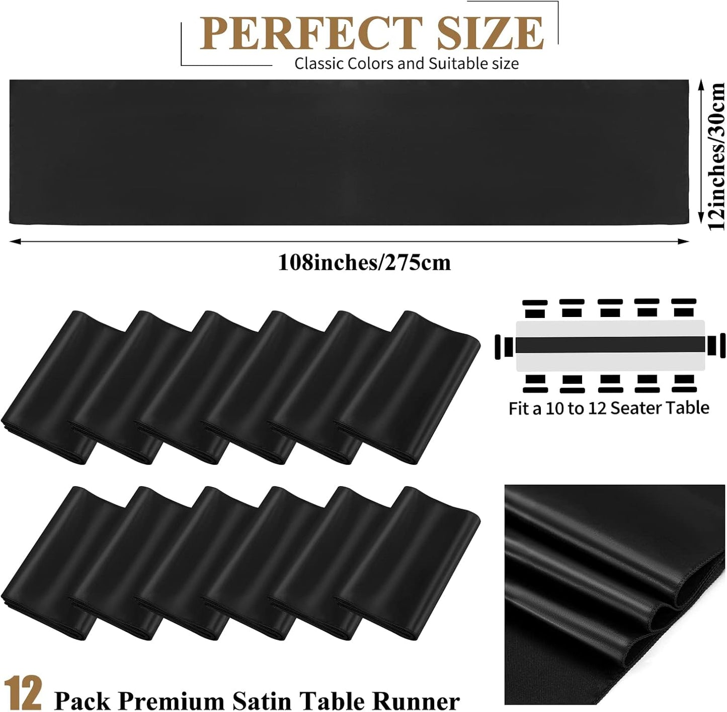 12 Pack Black Satin Table Runner,12 x 108 inch Long Premium Smooth Table Runner for Wedding, Banquets, Birthday, Party, Graduation, Engagements, Table Runners fit Rectangle and Round Table