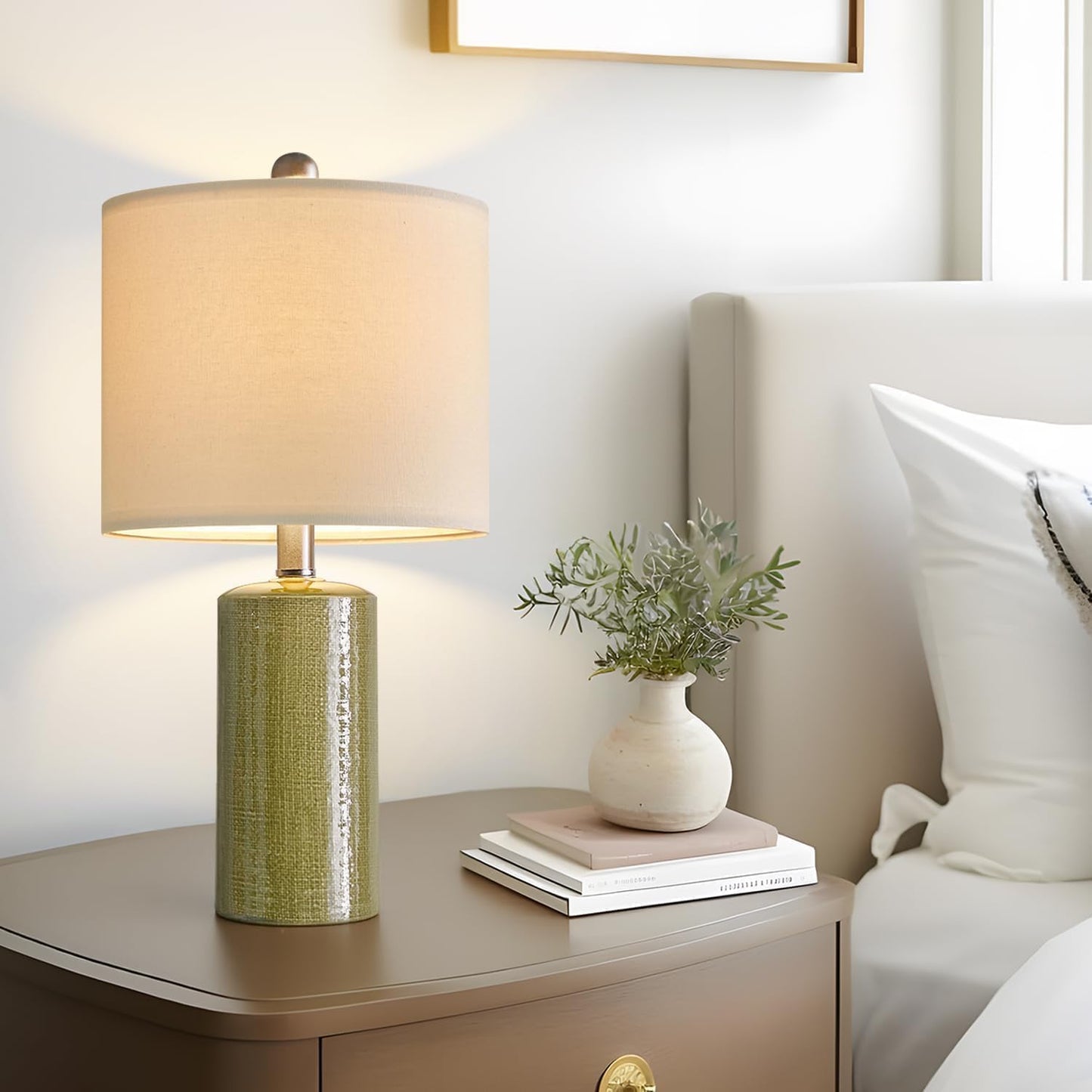 20.25" Small Single Table Lamp for Bedroom Modern Ceramic Nightstand Lamp Farmhouse Bedside Lamp Boho Living Room End Side Table Lamp, Green