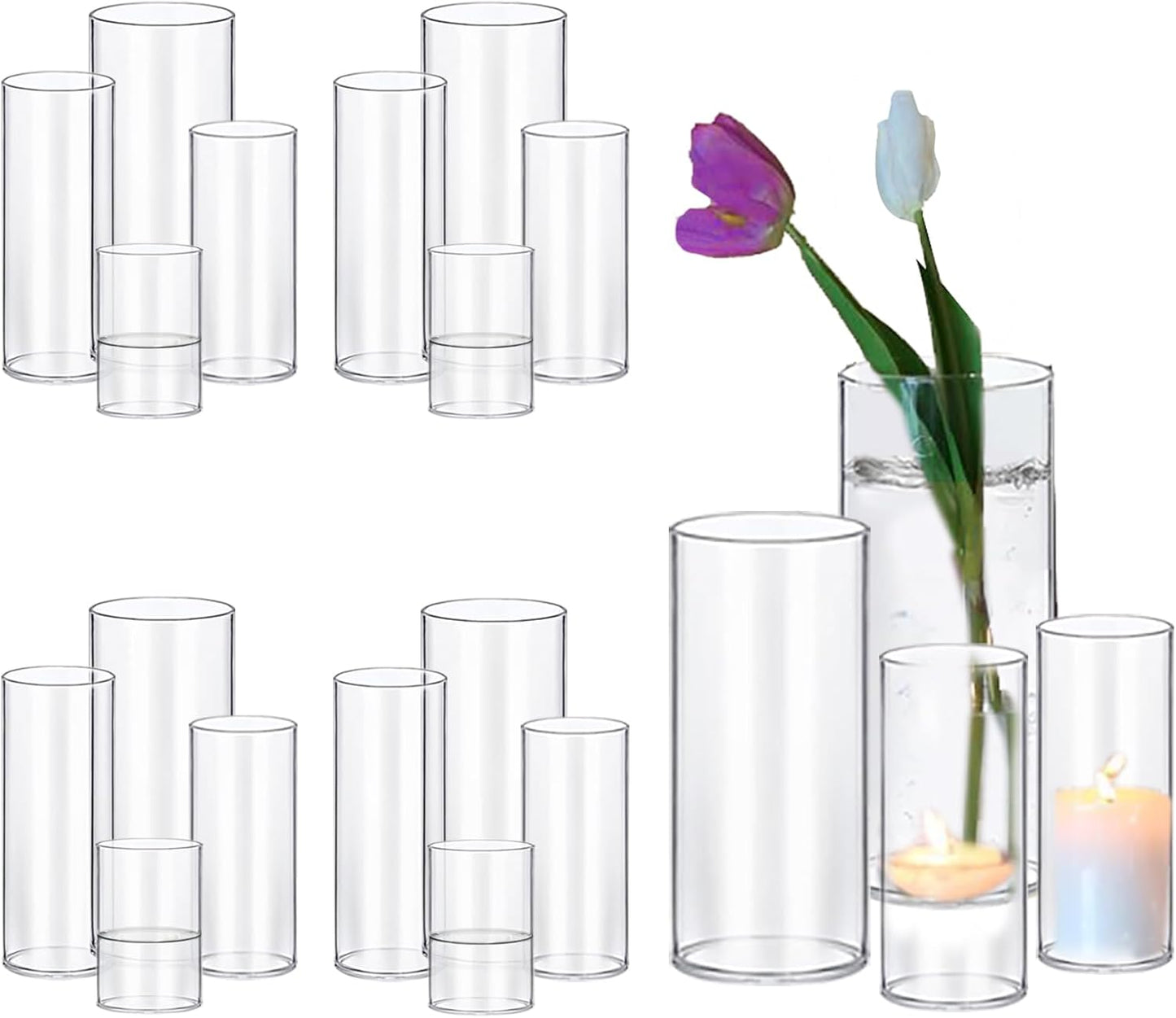 PHOSPHOR 16 PCS Glass Candle Holder, Hurricane Candle Hoder, Glass Pillar Candle Holder, Clear Cylinder Candleholder Cylinder Vase for Centerpieces Wedding Party Decoration