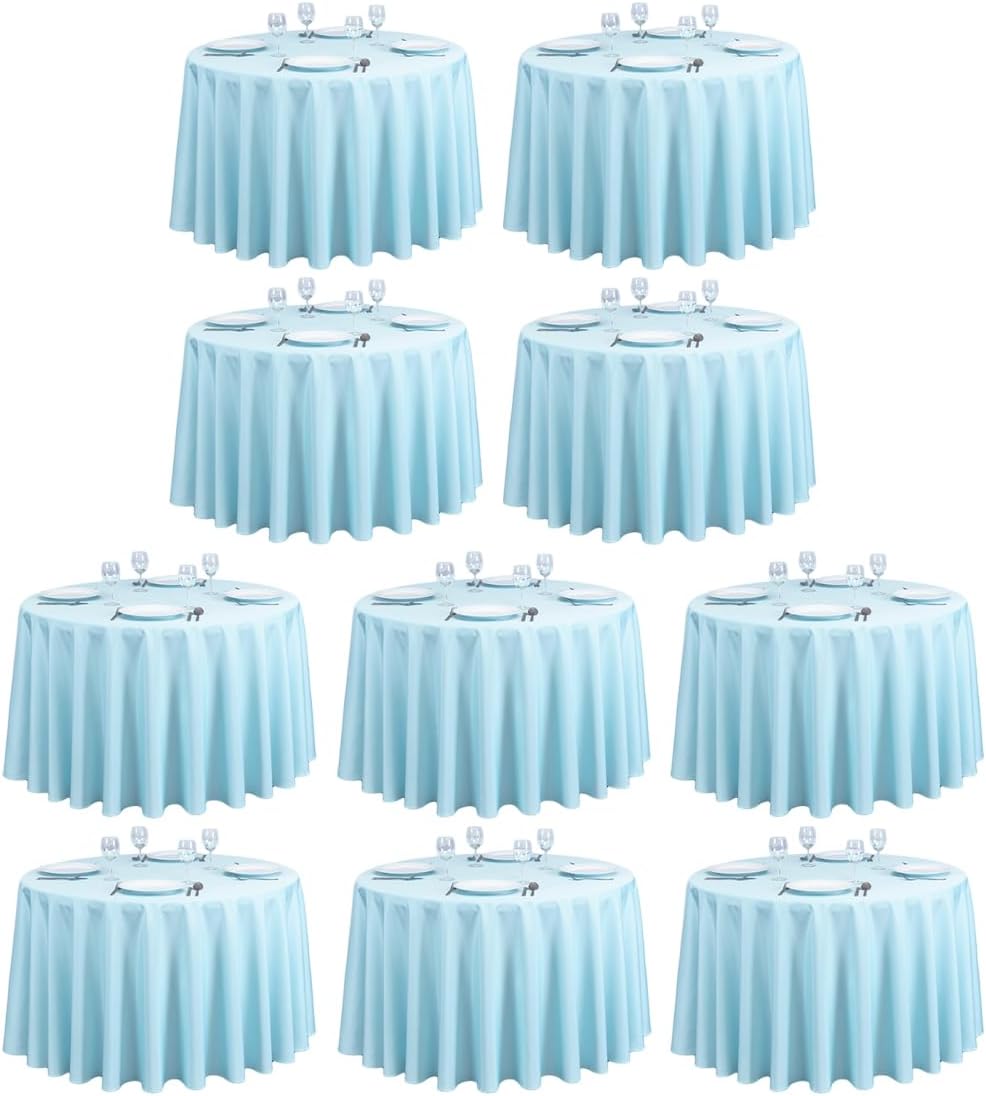 LTC LINENS 10 Pack 108 Inch Round Tablecloths Baby Blue - Bulk for 48 Inch Round Table Floor Length - Wrinkle Resistant Polyester Fabric Cloth for Wedding, Baby Shower