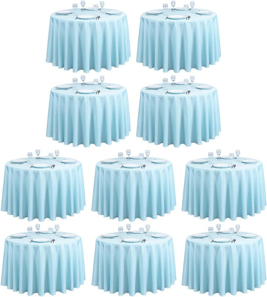 LTC LINENS 10 Pack 108 Inch Round Tablecloths Baby Blue - Bulk for 48 Inch Round Table Floor Length - Wrinkle Resistant Polyester Fabric Cloth for Wedding, Baby Shower