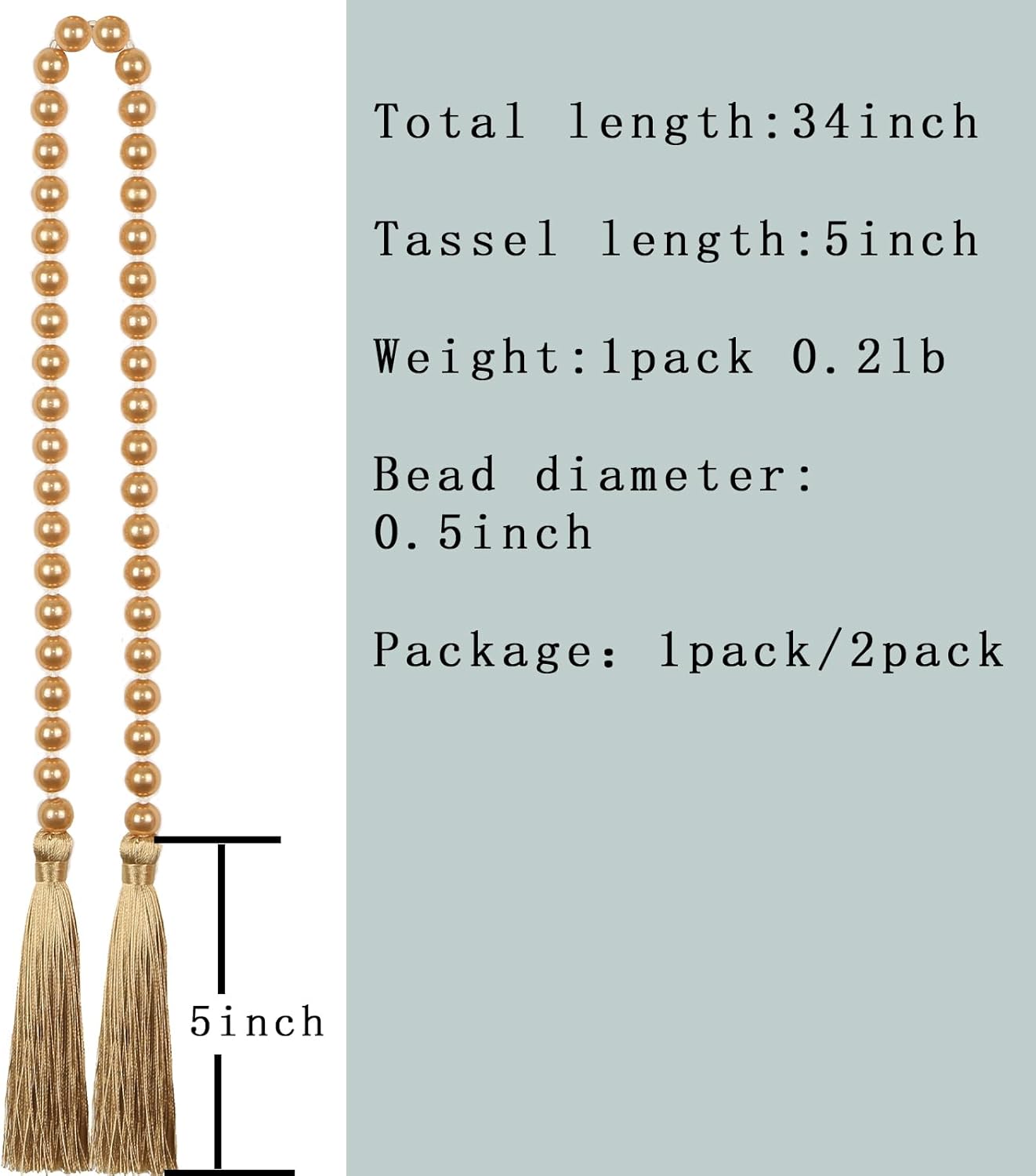Fenghuangwu 34 Inch Pearl Glass Bead Garland with Tassels - Elegant Boho Table Decor, Fringe Wall Hanging for Wedding, Party, Farmhouse Rustic Prayer Bead Home Decoration(1 Pack,Champagne Gold)