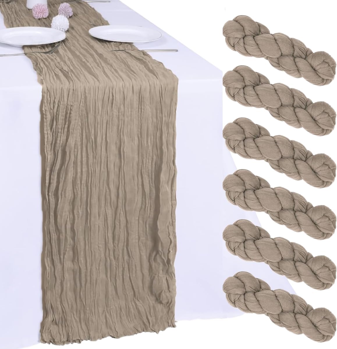 6Pcs Khaki Cheesecloth Table Runner 120 Inch10FT Nude Rustic Boho Cheesecloth Table Runnerfor Wedding Party Baby Shower Birthday Home Decor Holiday Decorations
