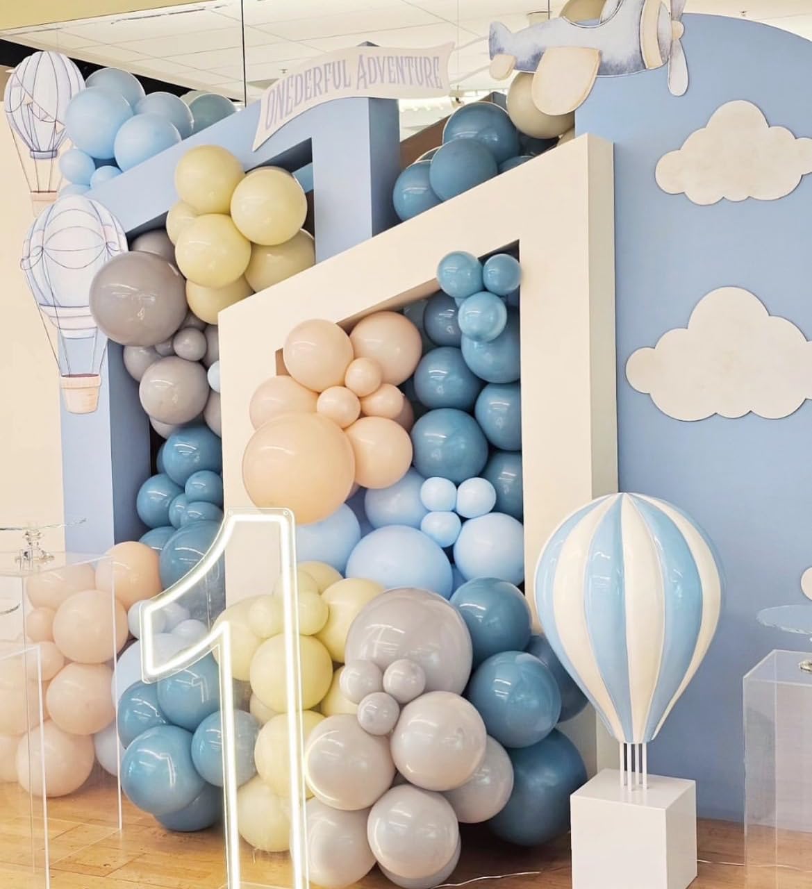 Up Up and Away Balloon Garland Arch Kit, 152pcs Dusty Slate Fog Baby Blue and Sand White Balloons with Hot Air Balloon and Cloud Foil Balloons for Baby Shower Decoration Teddy Themed Party