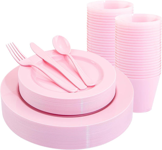 KIRE 150 Pieces Pink Plastic Plates Disposable - Pink Dinnerware Set Include 25 Dinner & 25 Salad Plates 25Forks 25Knives 25Spoons 25 Cups for Baby Shower/Bridal Shower