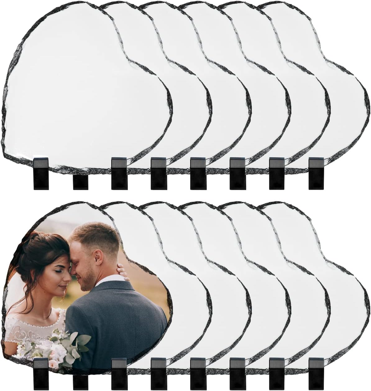 PYD Life 12 Pack Sublimation Photo Slates Heart Shape Rock Blanks 5.3 x 5.3 Inch Bulk Square Stone Frame White with Display Holder for Heat Press Transfer Printing