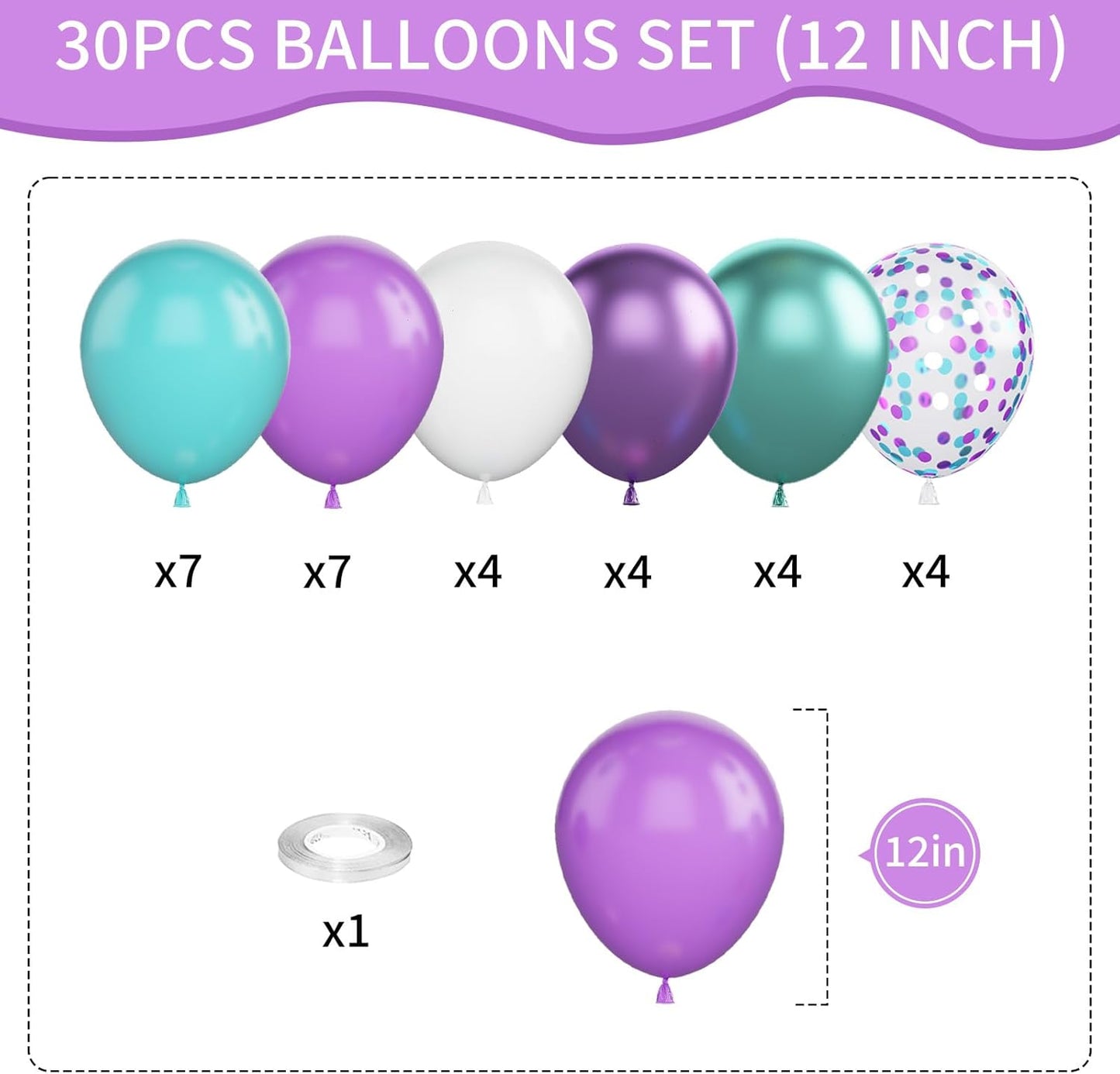 Mermaid Balloons, 12 Inches Purple and Green Balloons Teal Purple White Metallic Confetti Green Purple for Girls Mermaid Birthday Party Decoration Baby Shower Under The Sea Party Decorations