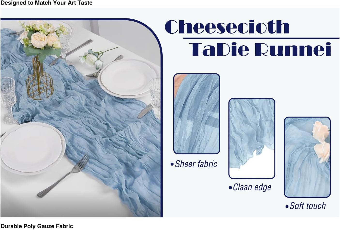 6 Pack Dusty Blue Cheesecloth Table Runner 20x120 Inch Boho Wrinkled Sheer Romantic Gauze Decor for Wedding, Bridal Shower, Birthday Party