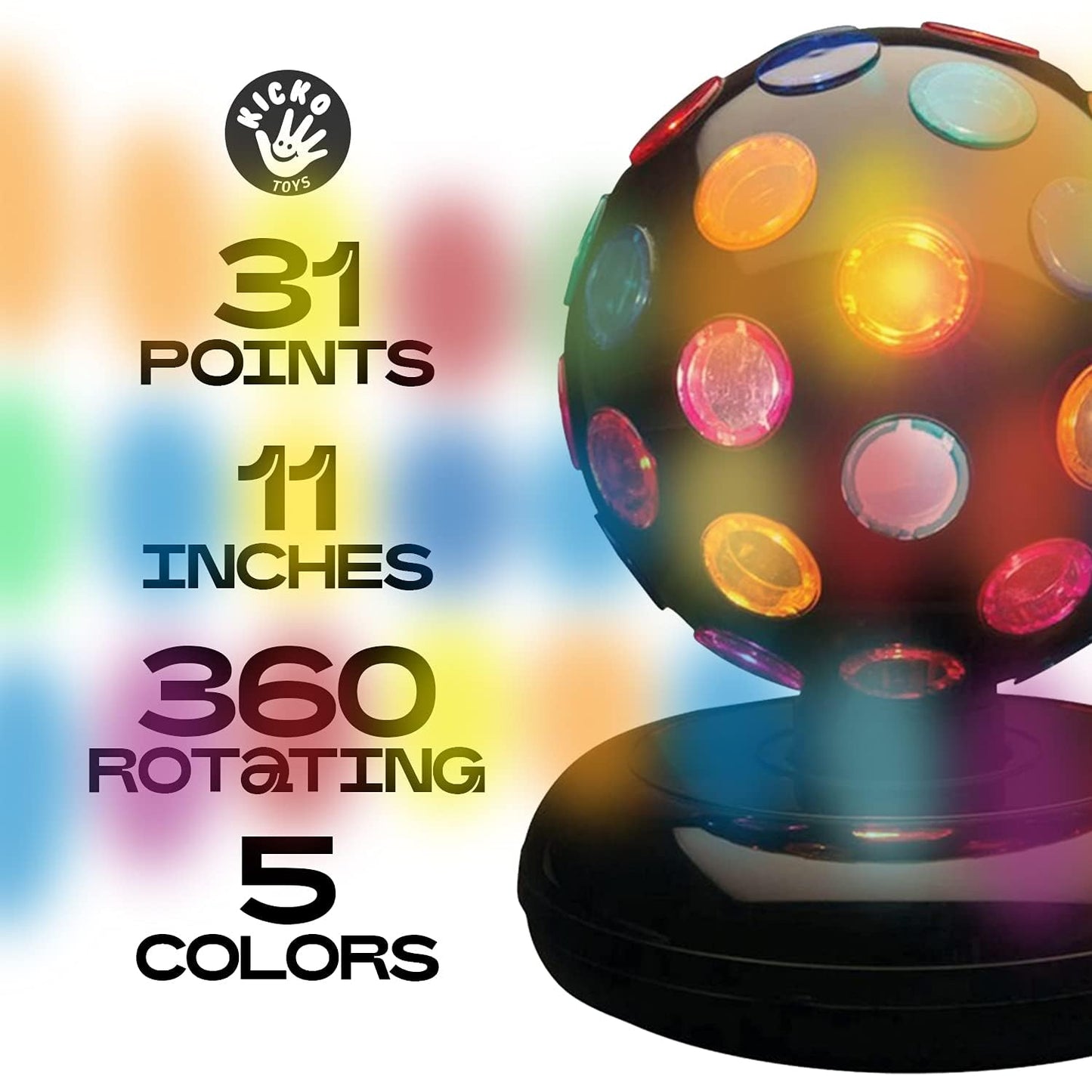 Kicko Spinning Disco Ball - 11-Inch Disco Ball Decor with Party Lights 360 Degree Rotating Neon LED Light for Kids and Adults - Colorful Flashing for 80s Party and Events