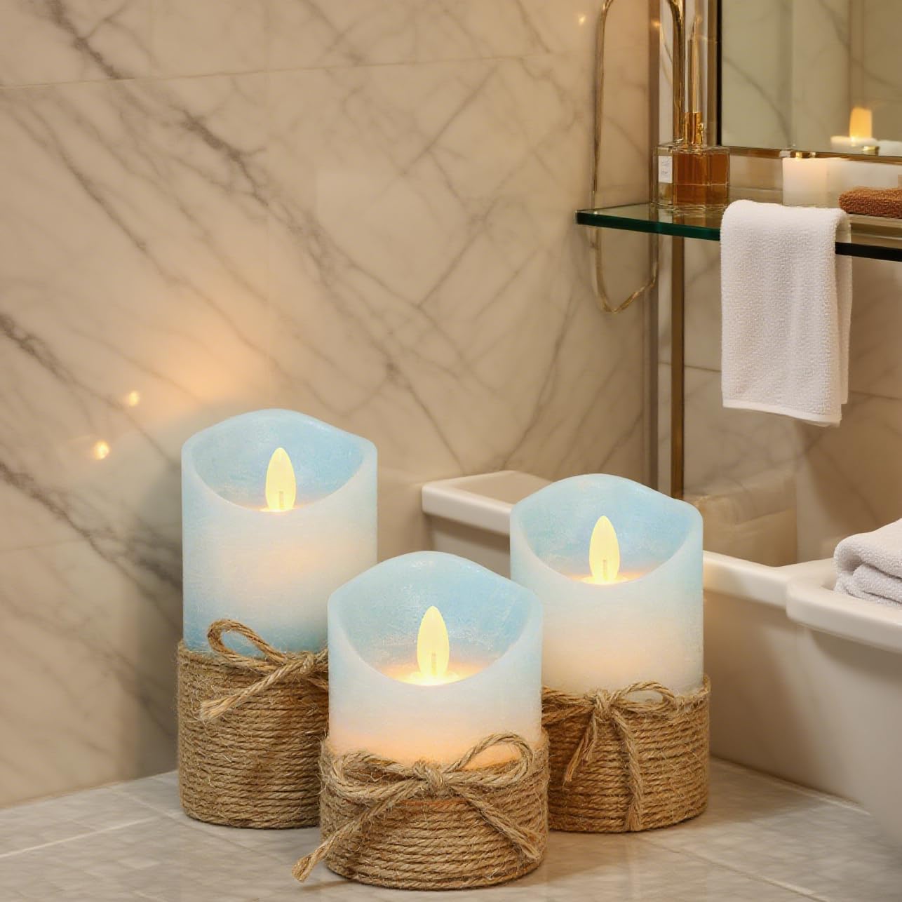 Silverstro Nautical Decor Ocean Blue Flameless Candles - Home Christmas Farmhouse Summer Decorations - Set of 3 (D3.11 X H4 5" 6")