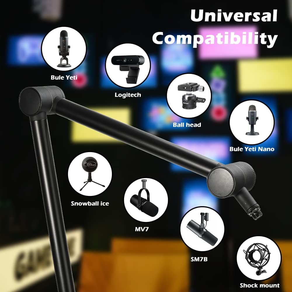 BOMGE Boom Arm Mic Stand - Adjustable Heavy Duty Suspension Boom Scissor Arm Stand with Cable Management Channels, Desk Clamp for Podcasts, Streaming, Gaming, Home Office, Recording (Black)