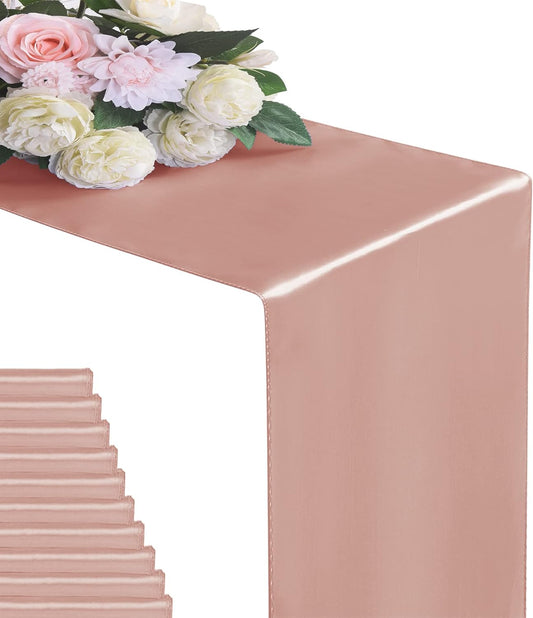 12Pack Table Runner 12 x 108 Inches Satin Silk Table Runner for Wedding, Birthday Party, Banquets, Graduations Decoration, fit Rectange and Round Table-Rose Gold