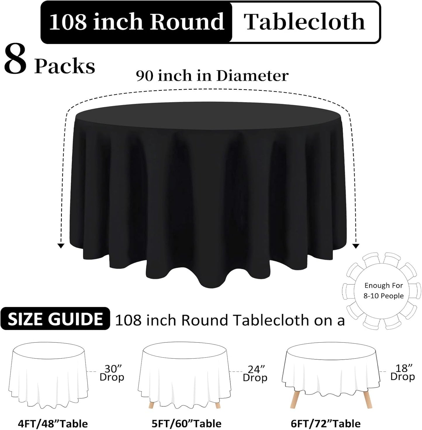 8 Pack Black Round Tablecloth 108 Inch Black Table Cloth Stain and Wrinkle Resistant Round Tablecloths Reusable and Washable Polyester Fabric Table Covers for Buffet Wedding Party and Banquet