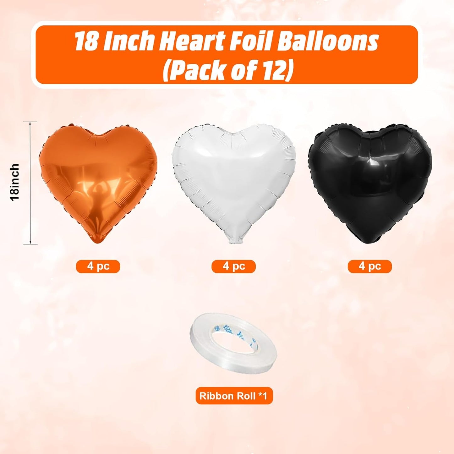Black Orange Heart Balloons, 18 Inch Black White Orange Heart Foil Shape Balloon, 12PCS Large Love Helium Balloons for Birthday Graduation Halloween Thanksgiving Day Graduation Party Decorations