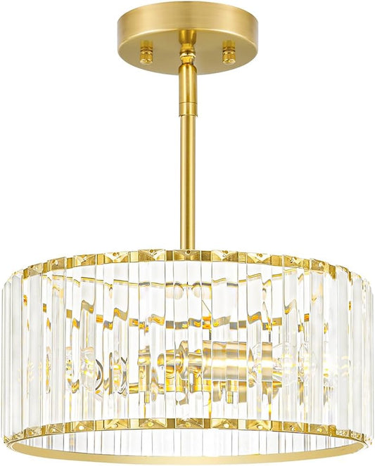 Gold Crystal Chandelier for Dining Room, 3-Light Modern Semi Flush Mount Ceiling Pendant Light Fixture, Round Pendant Lights Kitchen Island, Chandelier for Living Room Bedroom Hallway Entryway, E12