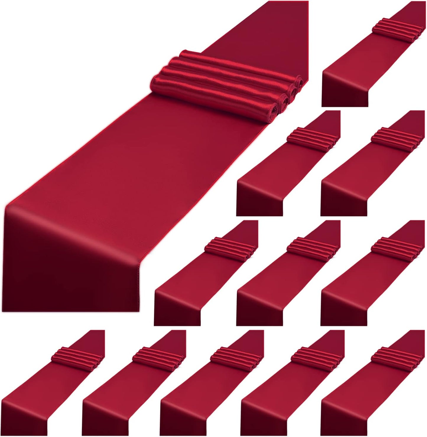 12 Pack Burgundy Satin Table Runner,12 x 108 inch Long Premium Smooth Table Runner for Wedding, Banquets, Birthday, Party, Graduation, Engagements,Table Runners fit Rectangle and Round Table