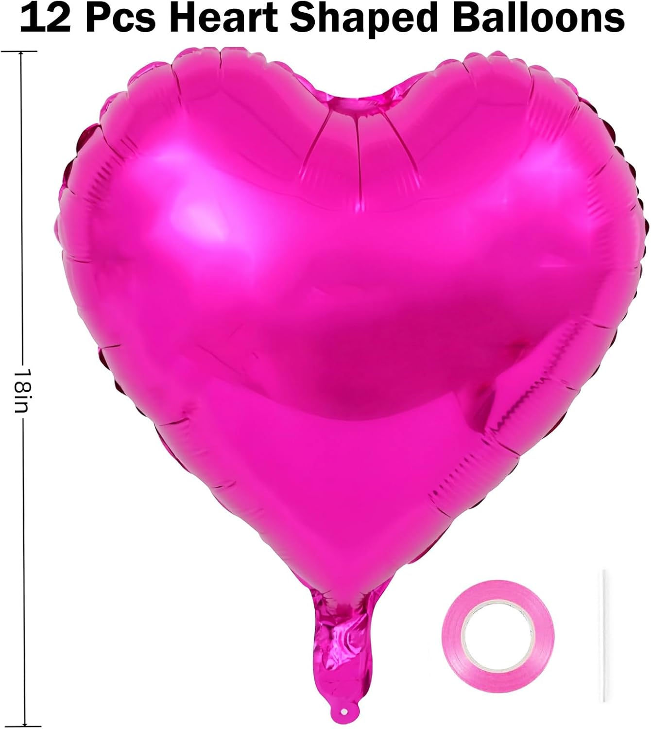 12Pcs Hot Pink Heart Balloons, 18 Inch Heart Shape, Love Balloons for Valentine's Day, Wedding, Birthday Decorations