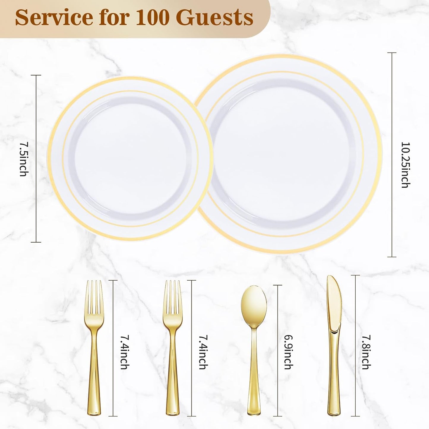 600PCS Gold Plastic Plate Set (100 Guests), Plastic Plates for Party Wedding Birthday, Disposable Dinnerware Set of 200 Plates, 200 Forks, 100 Spoons, 100 Knives for Christmas, Thanksgiving