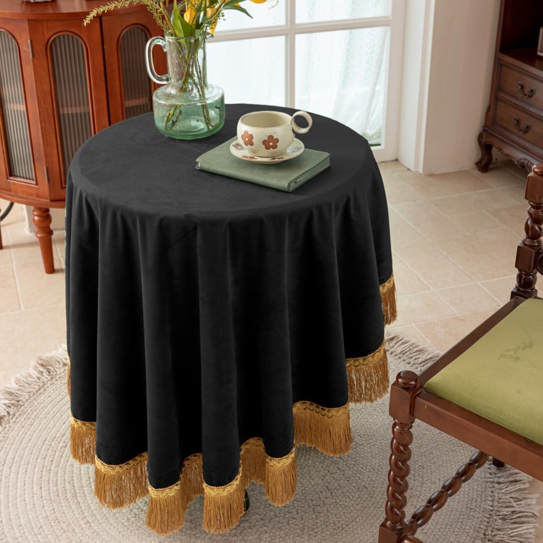 F-CHU Luxury Black Tablecloth Thickset Velvet Tablecloth with Beautiful Gold Tassels Vintage Table Cloth for Home Decor Wedding, Party, Banquet and Events 48" Round
