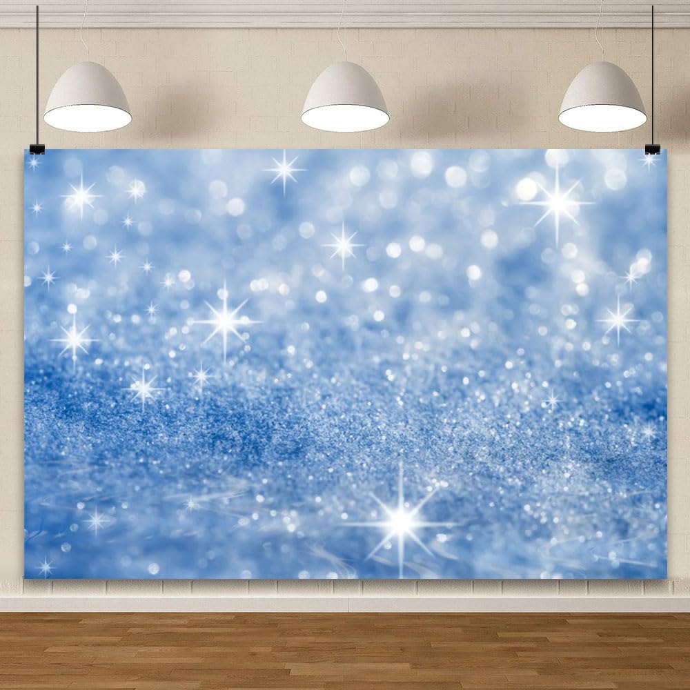 YongFoto Silver Blue Glitter Backdrop 12x10ft Silver Light Spots Blue Sequin Bokeh Photography Background Birthday Bridal Shower Wedding Photography Background Party Banner Portraits Photoshoot Props