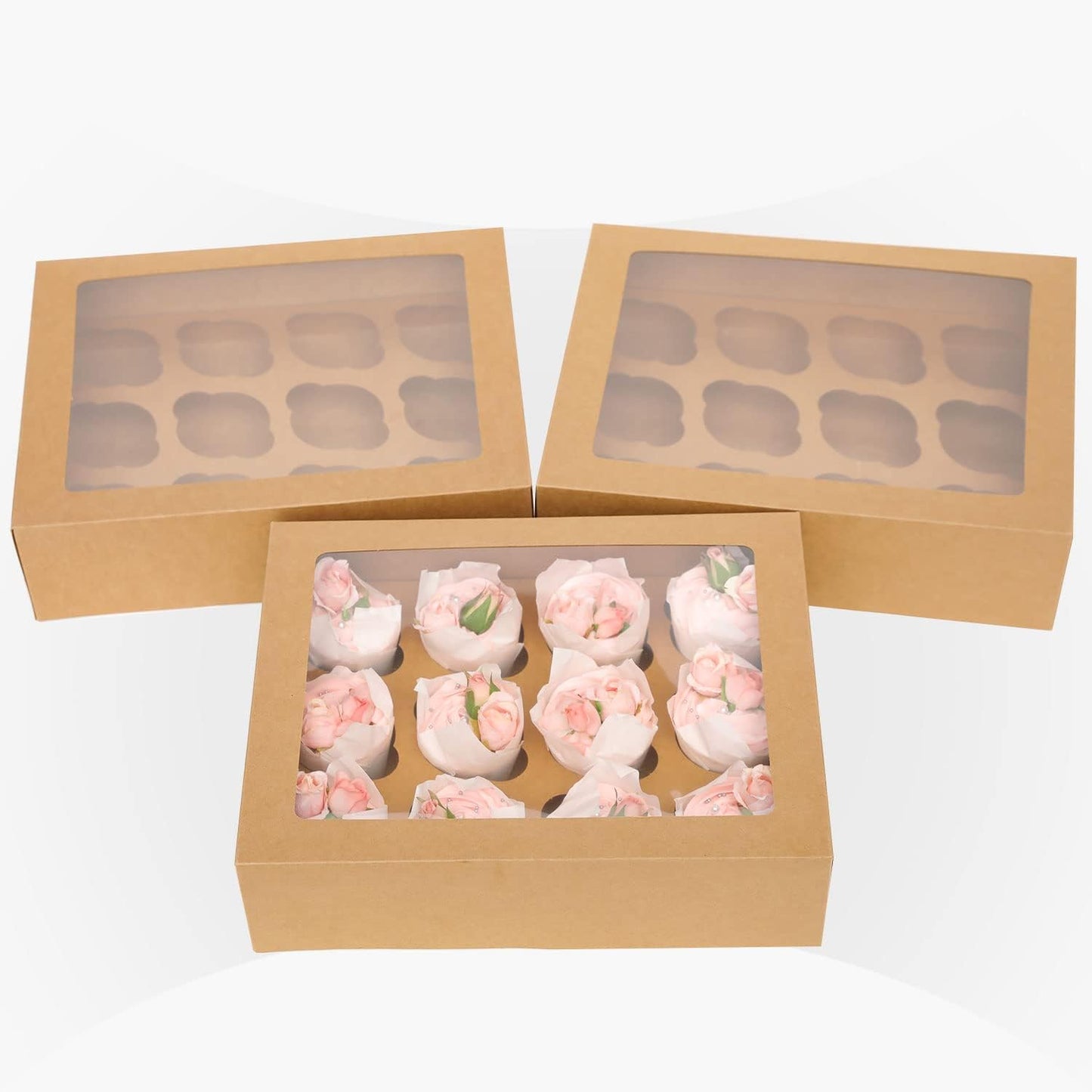 12 Cupcake Containers 12-Packs Brown Cupcake Box Cupcakes Carrier, 12 Cupcake Boxes with Window 13"x10"x3.5"（Auto-pop up）