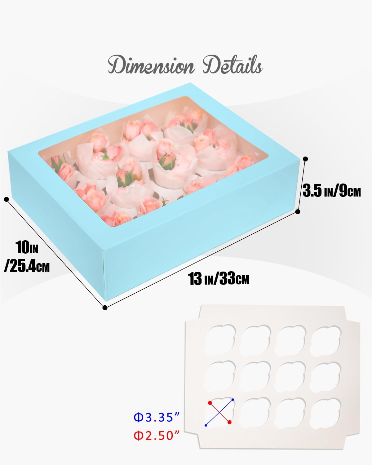 12 Cupcake Containers 10-Packs Light Blue Cupcake Box Cupcakes Carrier, 12 Cupcake Boxes with Window 13"x10"x3.5"（Auto-pop up）