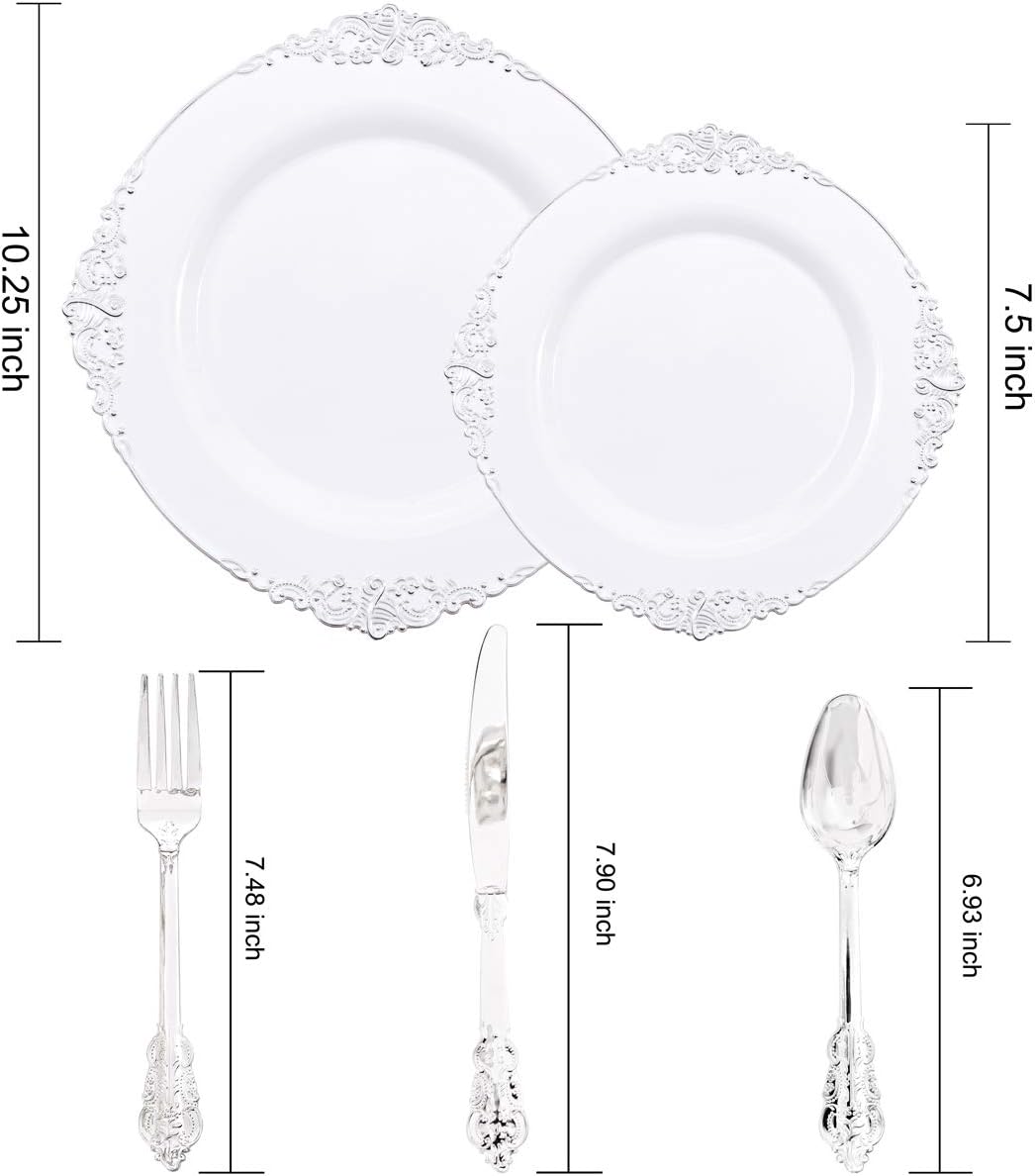 Liacere 150PCS Silver Plastic Plates with Silver Cutlery - Disposable Plastic Plates Include 30Dinner Plate, 30Dessert Plate, 30Knives, 30Spoons, 30Forks - Ideal for Wedding&Christmas