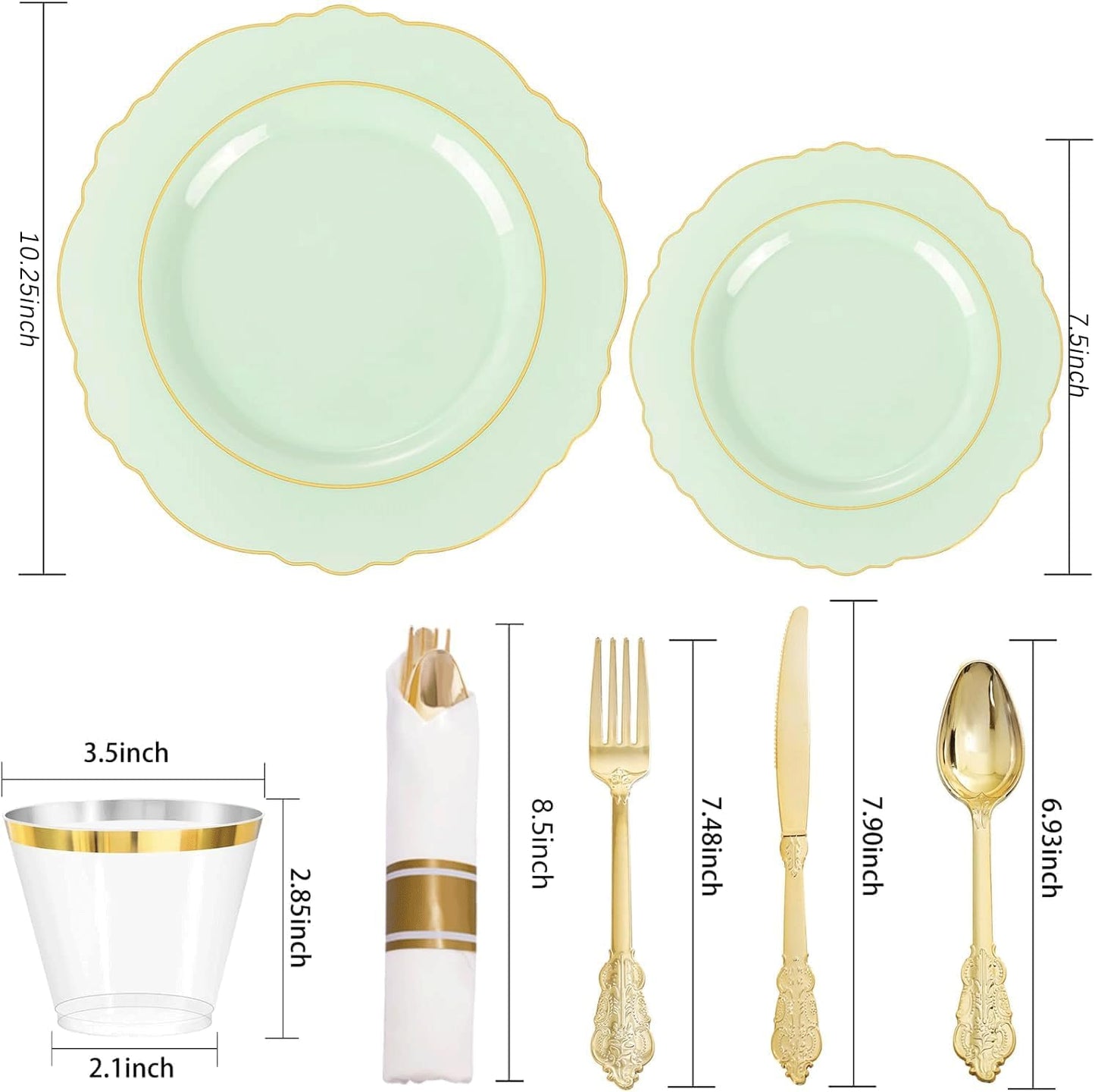 Liacere 350PCS Light Green Plates - Disposable Green and Gold Plastic Plates 50guest Baroque Dinnerware include 100Plates,50Pack Pre Rolled Napkins with Silverware 50Cups for Mother's Day