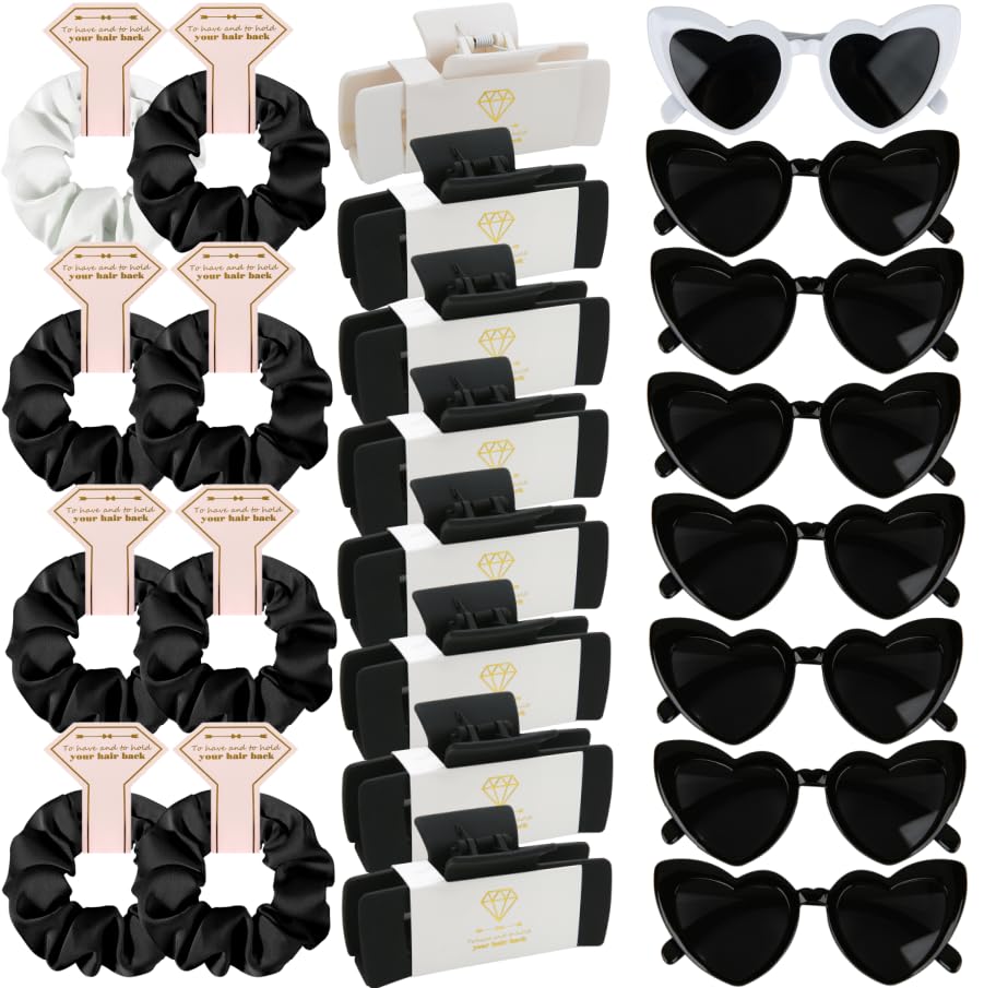 Bridesmaid Scrunchies Proposal Gifts 4.1inch square Hair Claws Bachelorette Hair Clip heart sunglasses Girls gift for Wedding Party Favors (White&Black)