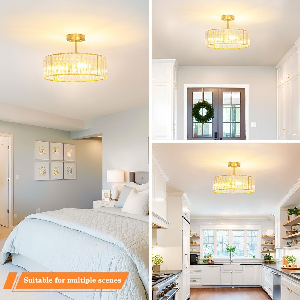 Modern Crystal Ceiling Light Fixture, Semi Flush Mount Ceiling Light, Brushed Brass Hallway Lighting Fixtures Chandelier, Crystal Chandelier for Kitchen Bedroom Dining Room Closet, 5-Light, 16 Inch