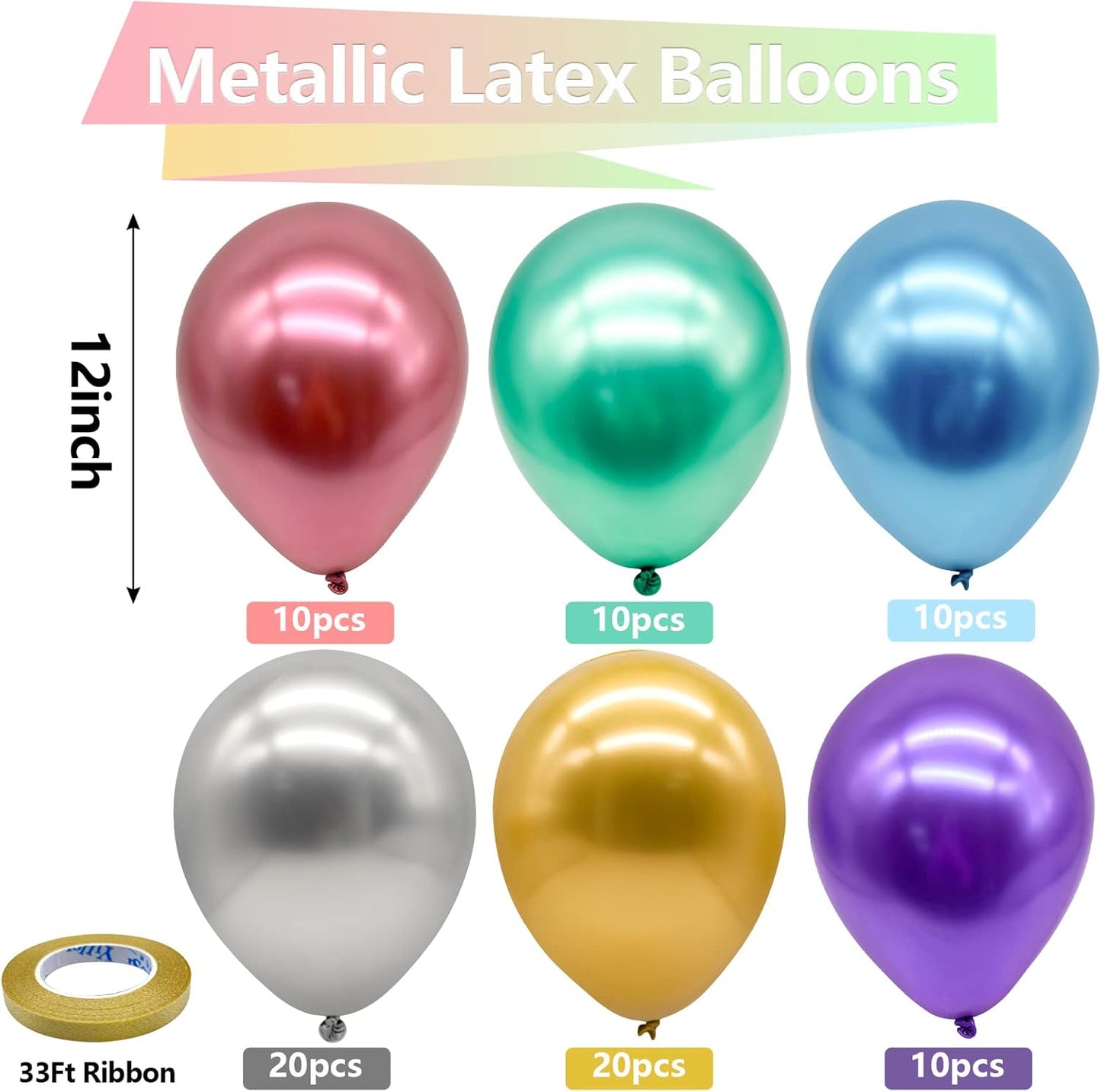Bezente Metallic Chrome Latex Balloons, 100 Pack 12 inch Assorted Balloons Colorful Party Balloons for Birthday Bridal Shower Wedding Decorations
