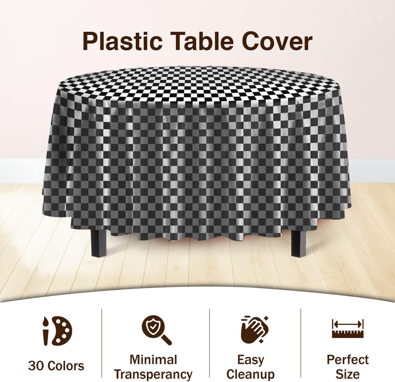 Party Solids Pack Of 12 - Premium Plastic Tablecloth 84 Inch Round Table Cover - Checkered