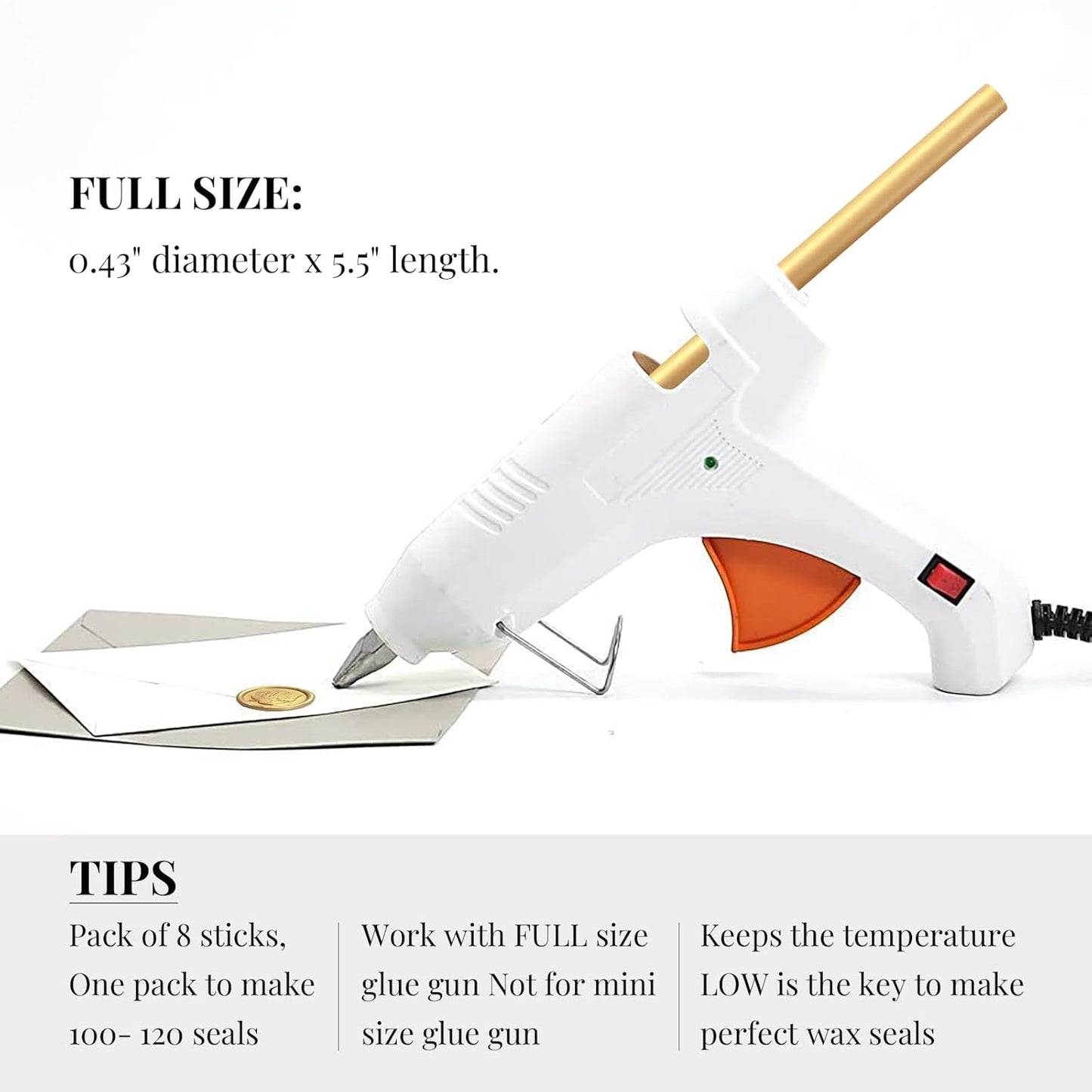 UNIQOOO Mailable Glue Gun Sealing Wax Sticks for Wax Seal Stamp - Metallic Gold, Great for Cards, Wedding Invitations, Envelopes, Snail Mails, Wine Packages, Gift Ideas, Events, Pack of 8