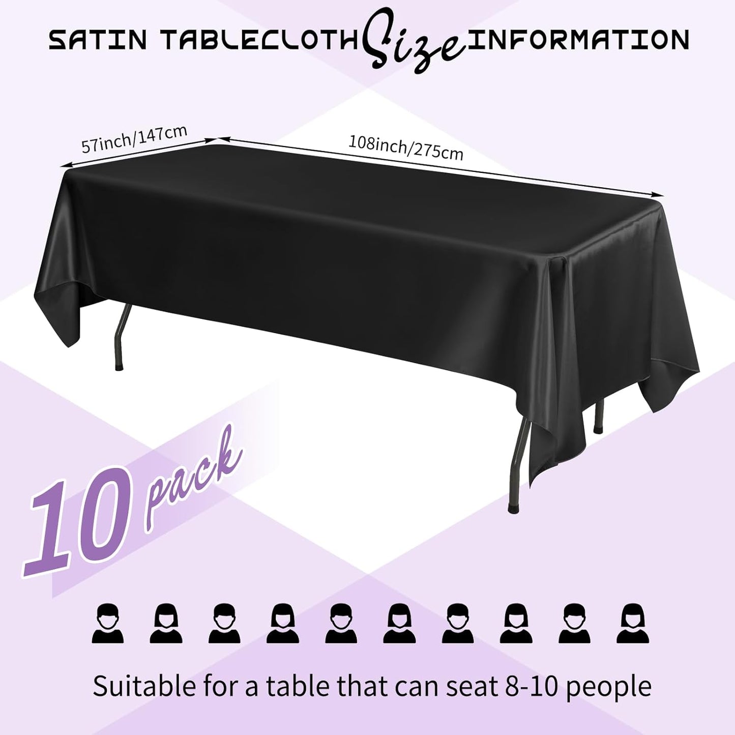 10 Packs Satin Tablecloth 57 x 108 Inch Black Rectangular Table Cloth Silk Tablecloth Smooth Fabric Overlay Satin Table Cover Decoration for Wedding Party Banquet Events