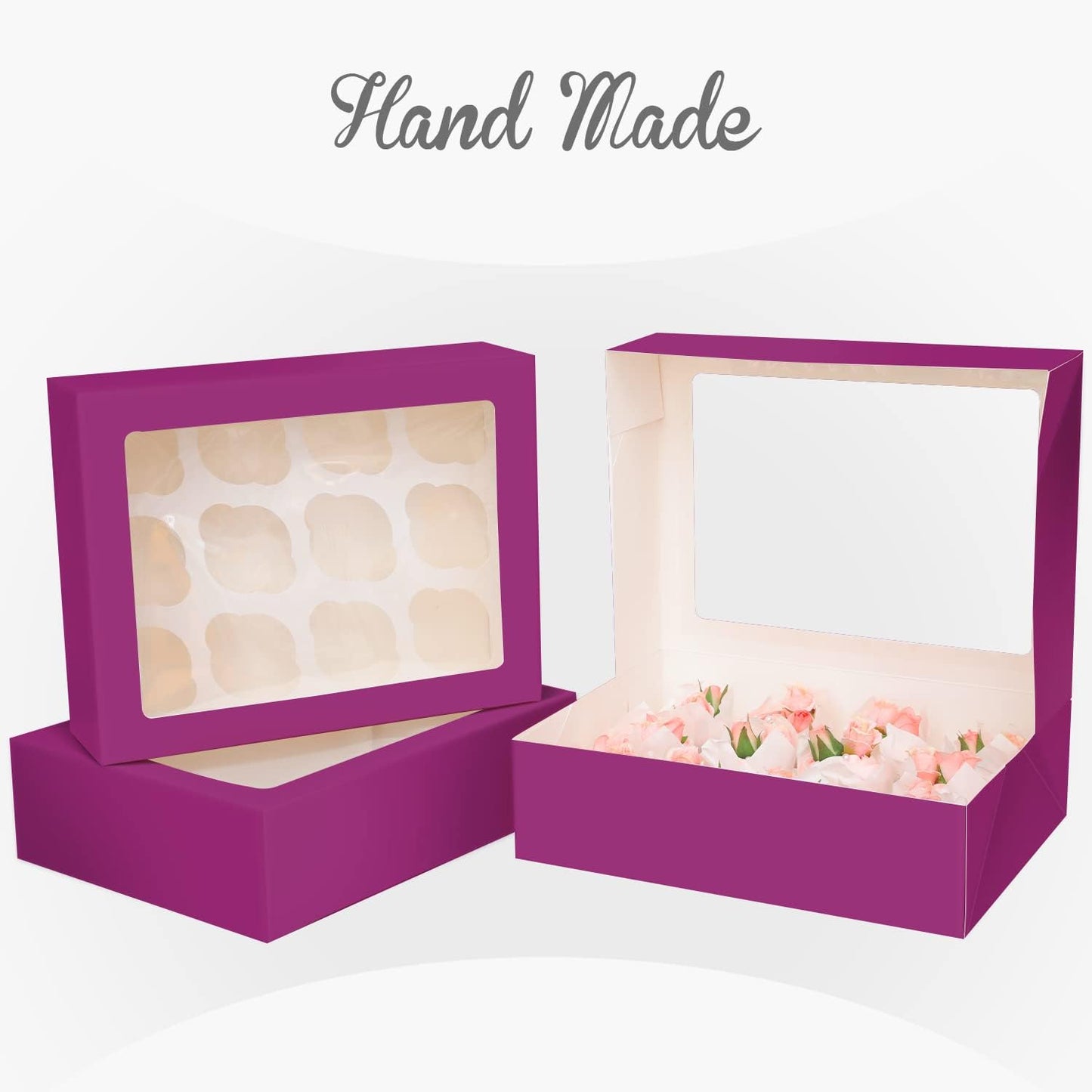 12 Cupcake Containers 10-Packs Deep Purple Cupcake Box Cupcakes Carrier, 12 Cupcake Boxes with Window 13"x10"x3.5"（Auto-pop up）