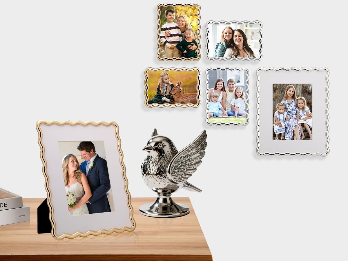 Silver 8x10'' Wave Design Photo Frame with Acid Free Mat for 5x7'',High-End Zinc Alloy Picture Frames with Velvet Back,Fashionable Style Silver frames 7x5''