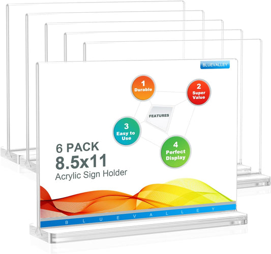 BlueValley Clear Plastic Flyer Sign Holder 8.5 x 11 Standing, Horizontal Table Top Acrylic Brochure Menu Signs Holder, Double Sided Plexi Picture Photo Frame Lucite Paper Display Stand for Office Retail Vendor Show Fairs