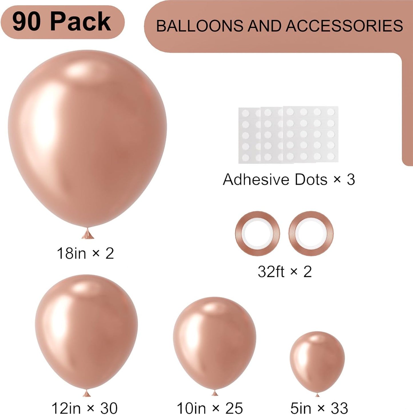 90pack Rose Gold Balloons Different Size 18/12/10/5 Inch Rose Gold Balloon Garland Arch Kit for Graduation, Wedding, Birthday, Princess Theme Party, Valentine's Day Party Decorations