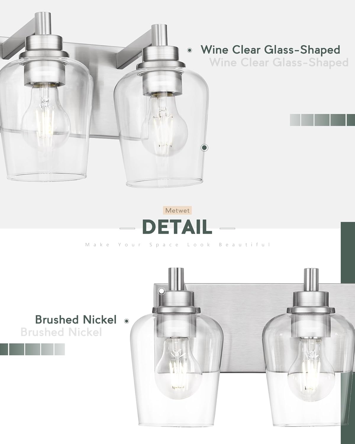 Bathroom Light Fixtures, 3-Light Modern Vanity Light with Clear Glass Wine Glass-Shaped Shade, Vanity Lighting Fixtures Over Mirror, Brushed Nickel, VL155-BN-3