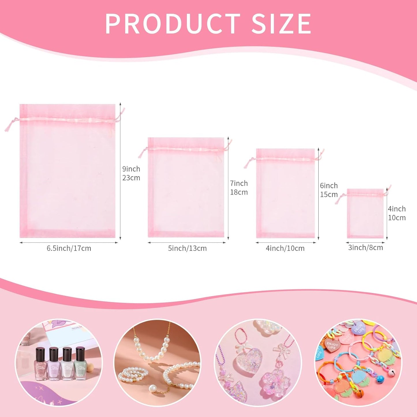 50 Pcs Pink Organza Bags 6x9 Inch, Mesh Drawstring Pouch Bags for Gifts, Jewelry, Wedding Party Favors