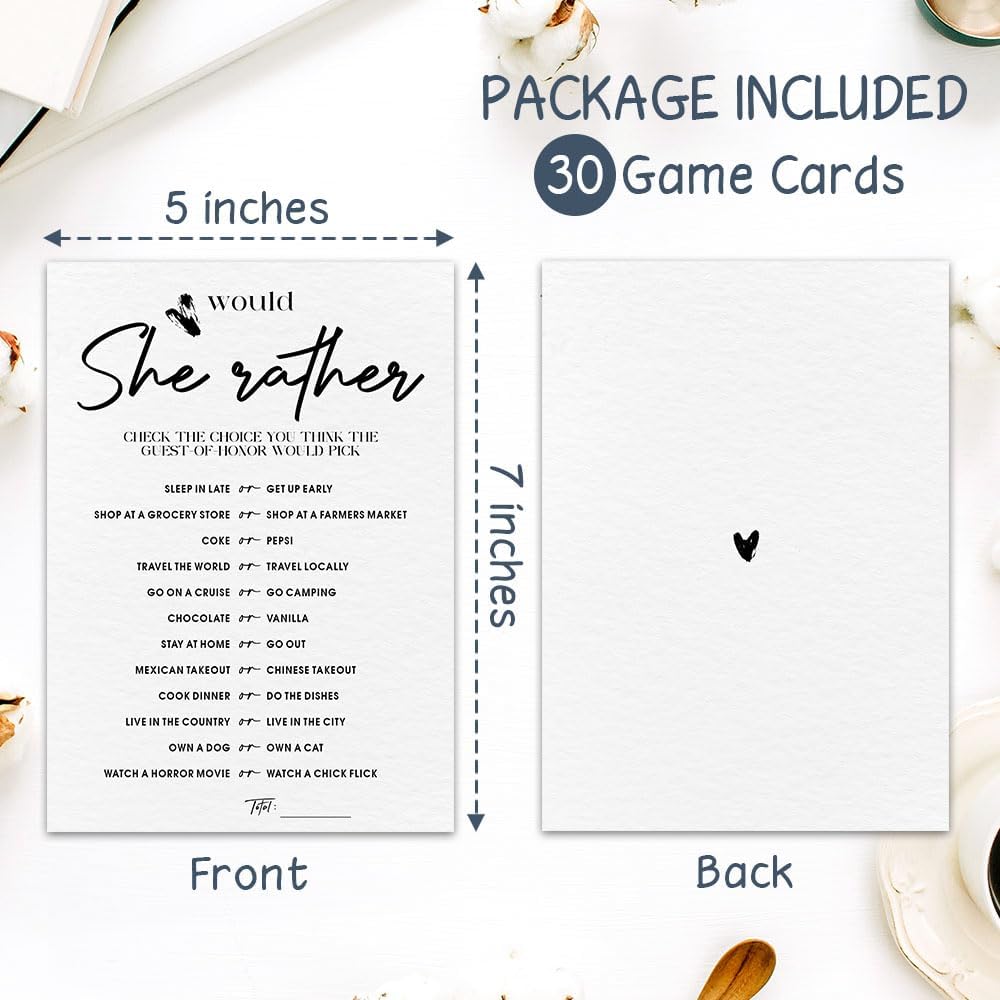 30 Minimalism Game Cards - Would She Rather - Bridal Shower, Engagement, Mr & Mrs, Newlyweds, Wedding Games, Party Activities & Supplies - B04 White